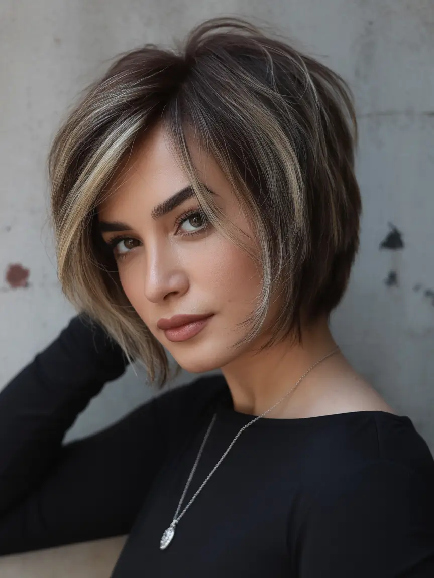 Cute short Haircuts 2026 Dimensional Brunette Bob With Subtle Highlights