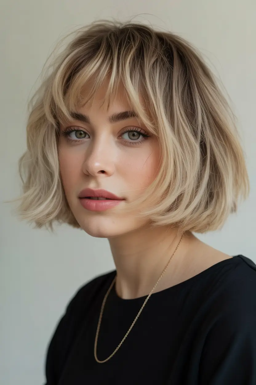 Cute short Haircuts 2026 Blonde Soft Shag Bob With Wispy Fringe