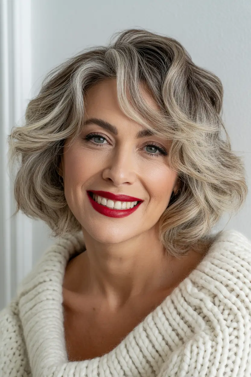 Cute short Haircuts 2026 Voluminous Curled Bob With Softly Blended Silver Highlights