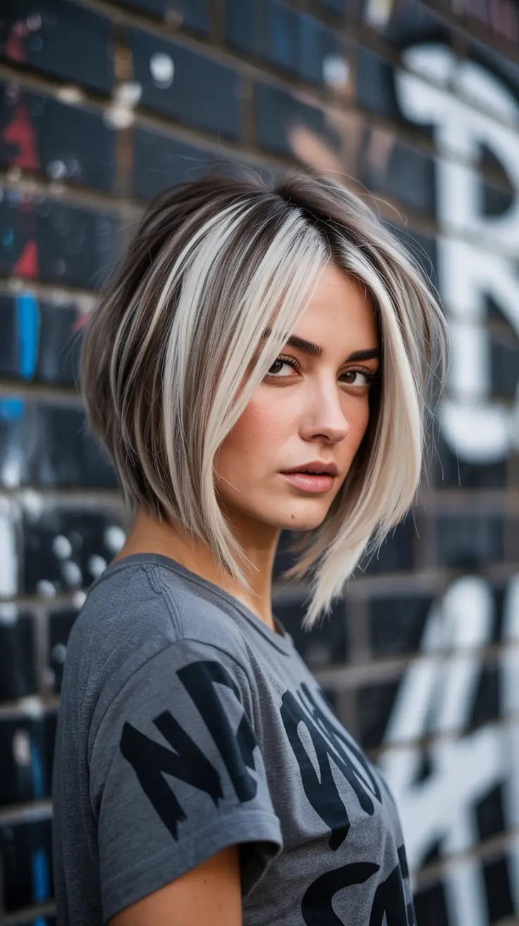 Edgy bob haircuts 2026 Cool-Toned Bob With Bold Contrasting Streaks