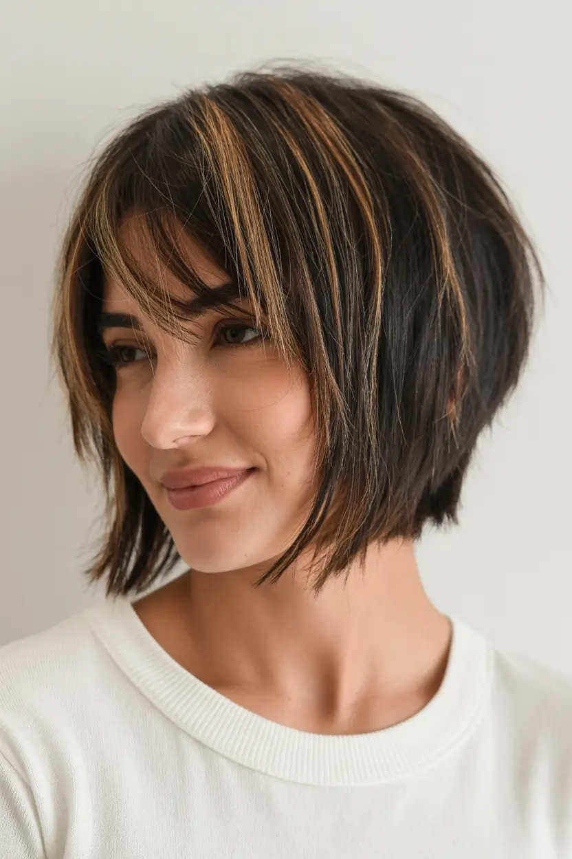 Edgy bob haircuts 2026 Textured Brunette Bob With Caramel Highlights and Soft Fringe