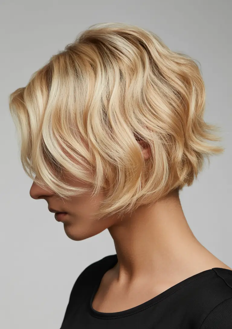 Edgy bob haircuts 2026 Soft Champagne Blonde Bob With Sculpted Waves