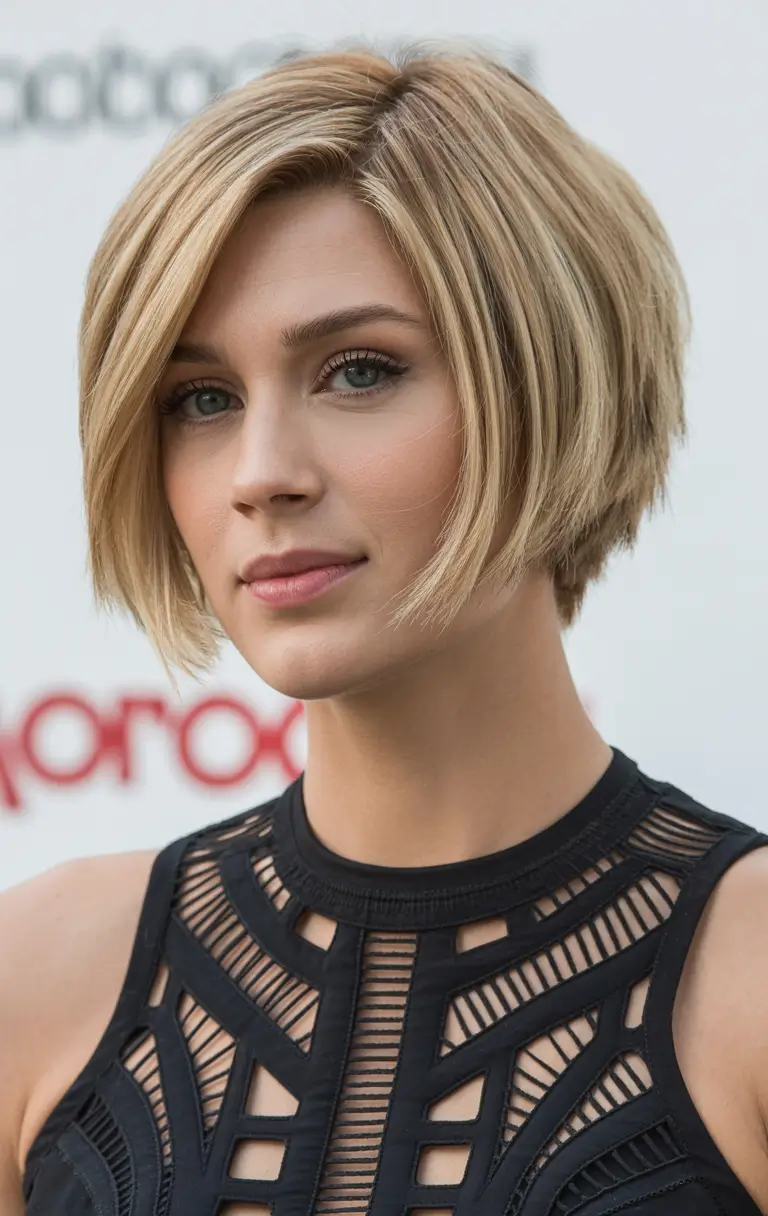 Edgy bob haircuts 2026 Golden Beige Stacked Bob With Side-Swept Shape