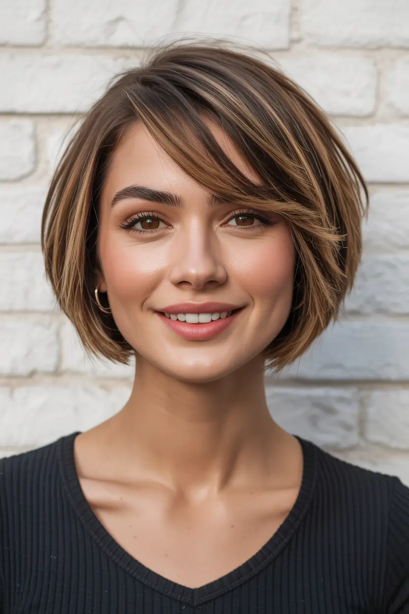 Edgy bob haircuts 2026 Caramel-Touched Bob With Airlight Volume and Side Fringe