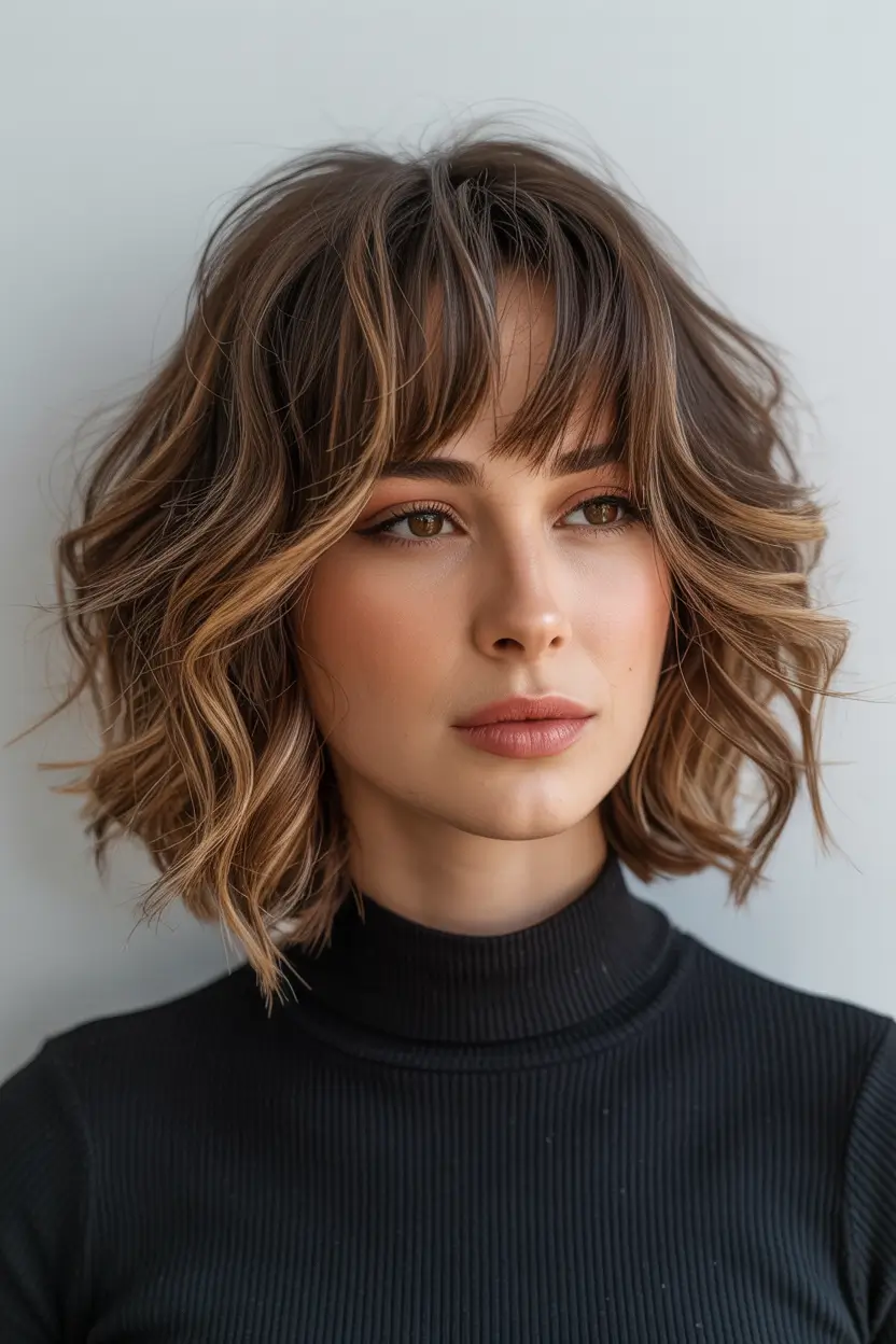 Edgy bob haircuts 2026 Curly Dimensional Bob With Soft Bangs and Honey Lights