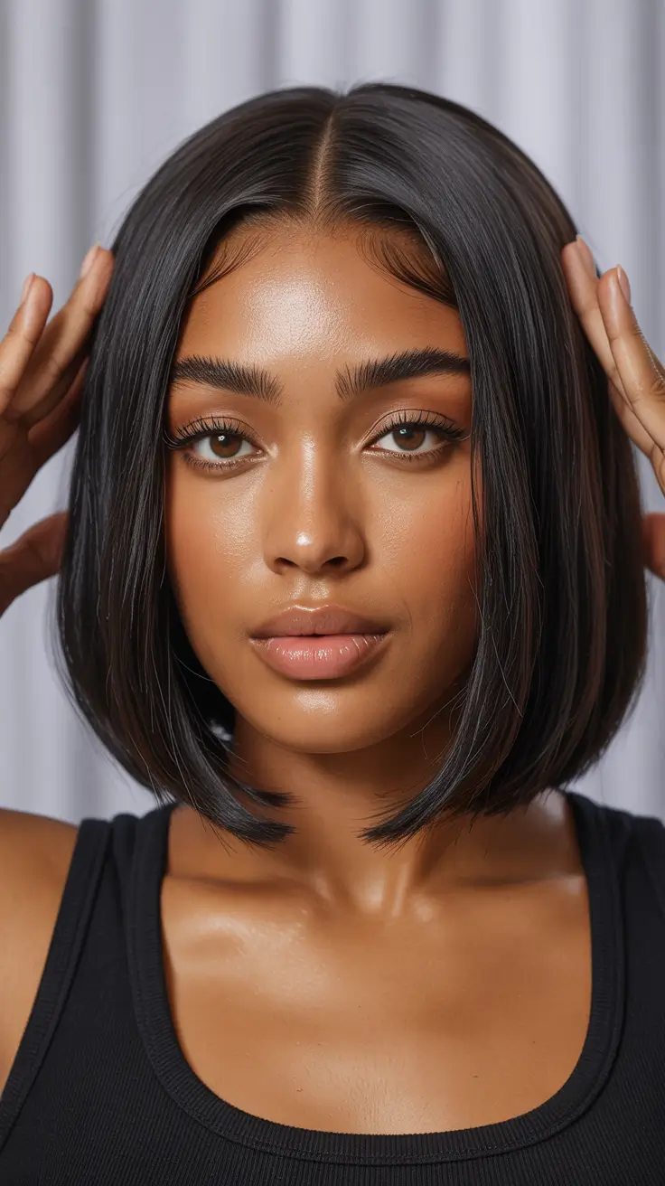 Edgy bob haircuts 2026 Glossy Dark Bob With a Clean Middle Part