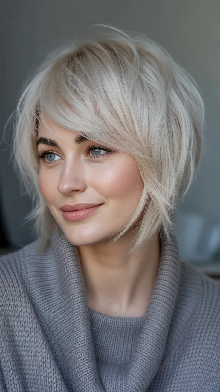 Edgy bob haircuts 2026 Feathered Platinum Bob With Soft Volume and Side-Swept Bangs