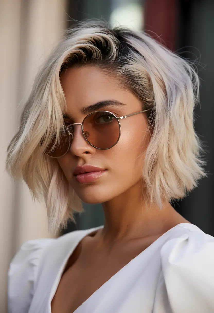 Edgy bob haircuts 2026 Soft Blonde Bob With Tousled Edge and Retro Sunglasses