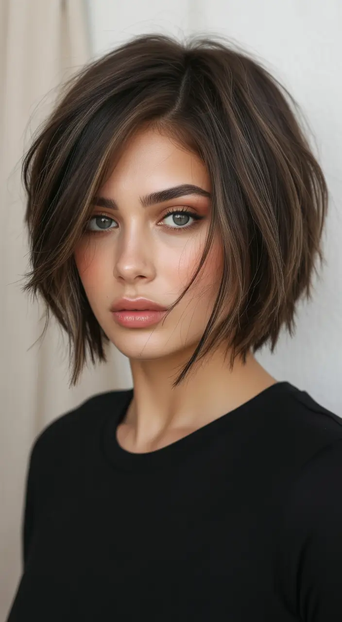 Edgy bob haircuts 2026 Textured Dark Bob With Light, Airy Layers