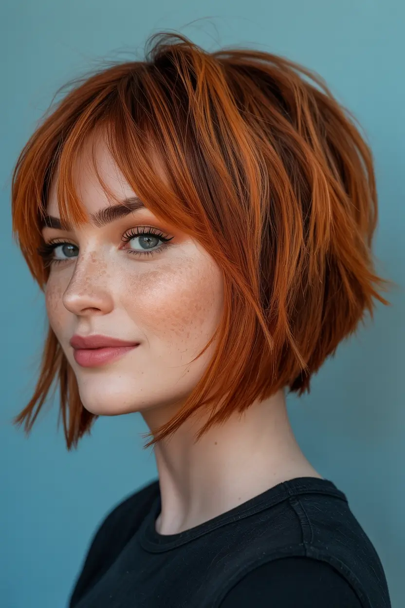 Edgy bob haircuts 2026 Warm Copper Bob With Feathered Bangs