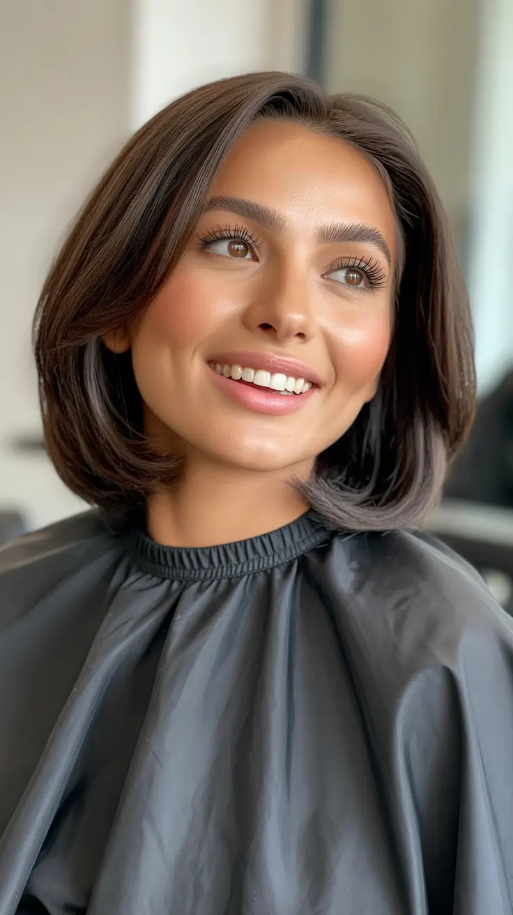 Edgy bob haircuts 2026 Classic Rounded Brunette Bob With Clean Volume