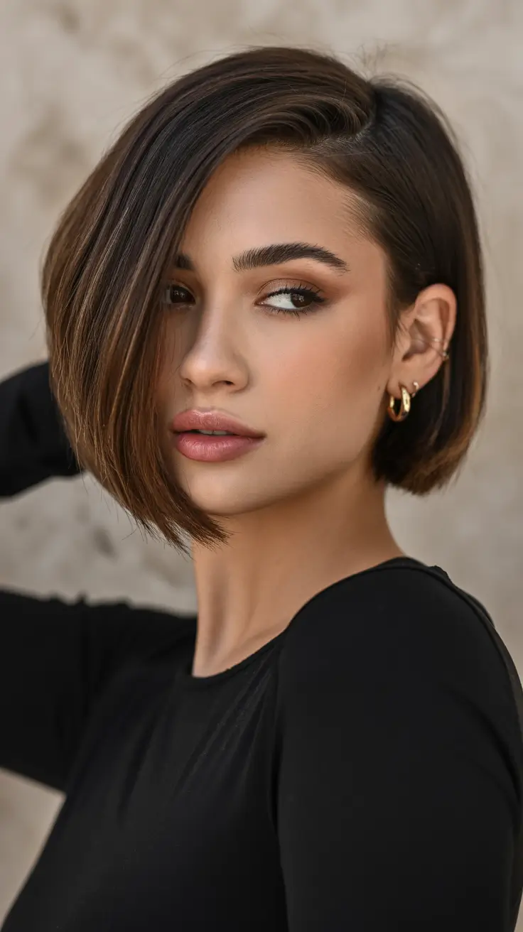 Edgy bob haircuts 2026 Sleek Asymmetric Bob With Deep Side Part