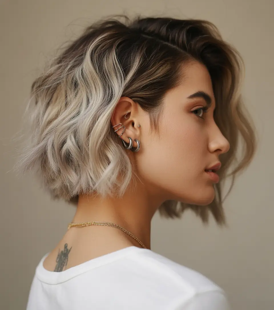Edgy bob haircuts 2026 Wavy Platinum Bob With Root Depth