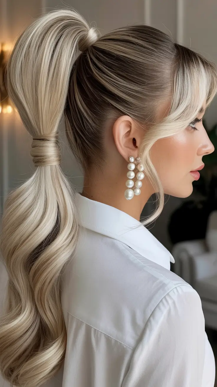 Elegant long hairstyles 2026 High-Pony Elegance With Contoured Bangs
