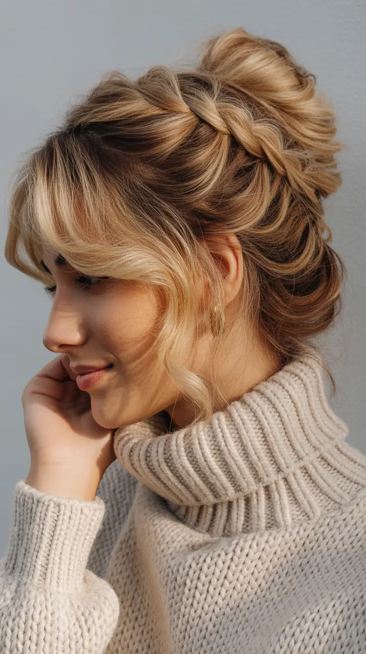 Elegant long hairstyles 2026 Soft Braided Updo With Curtain Bangs