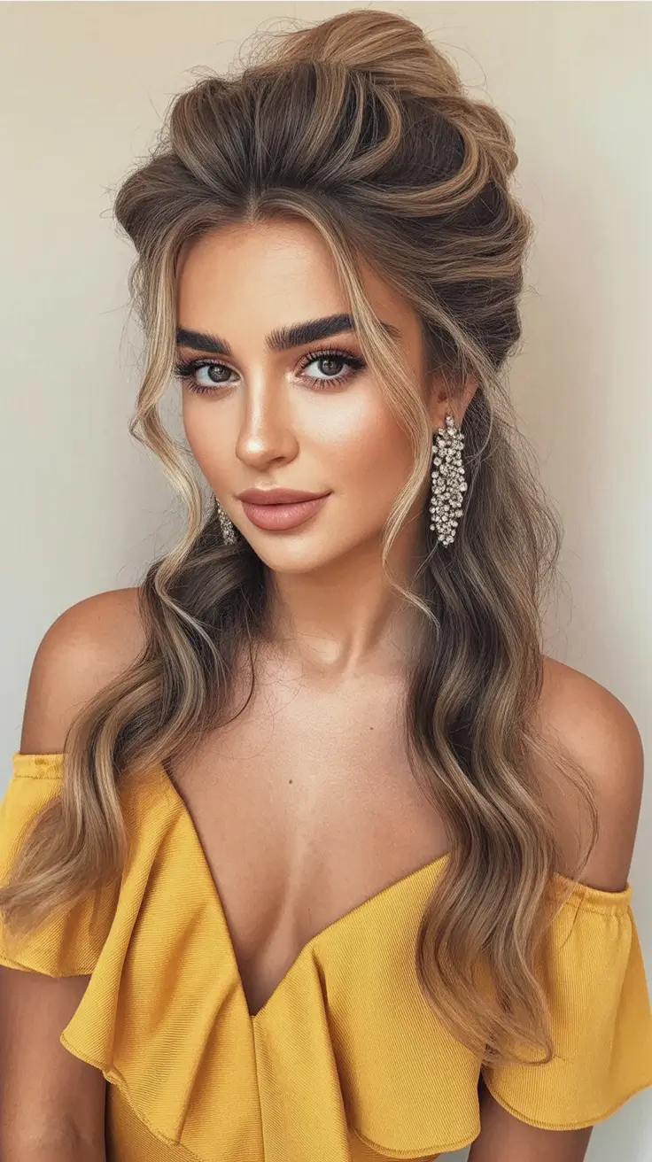 Elegant long hairstyles 2026 Half-Up Glam With Golden Highlights