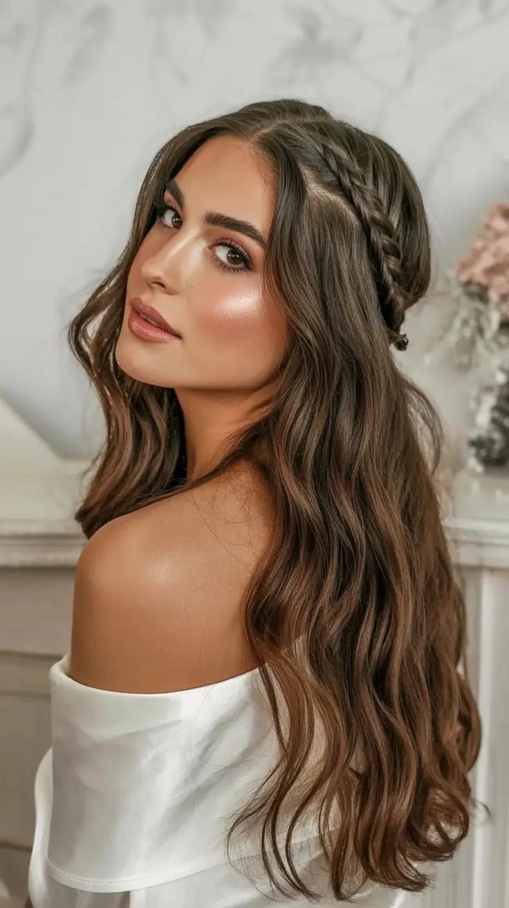 Elegant long hairstyles 2026 Loose Waves With Delicate Crown Braid