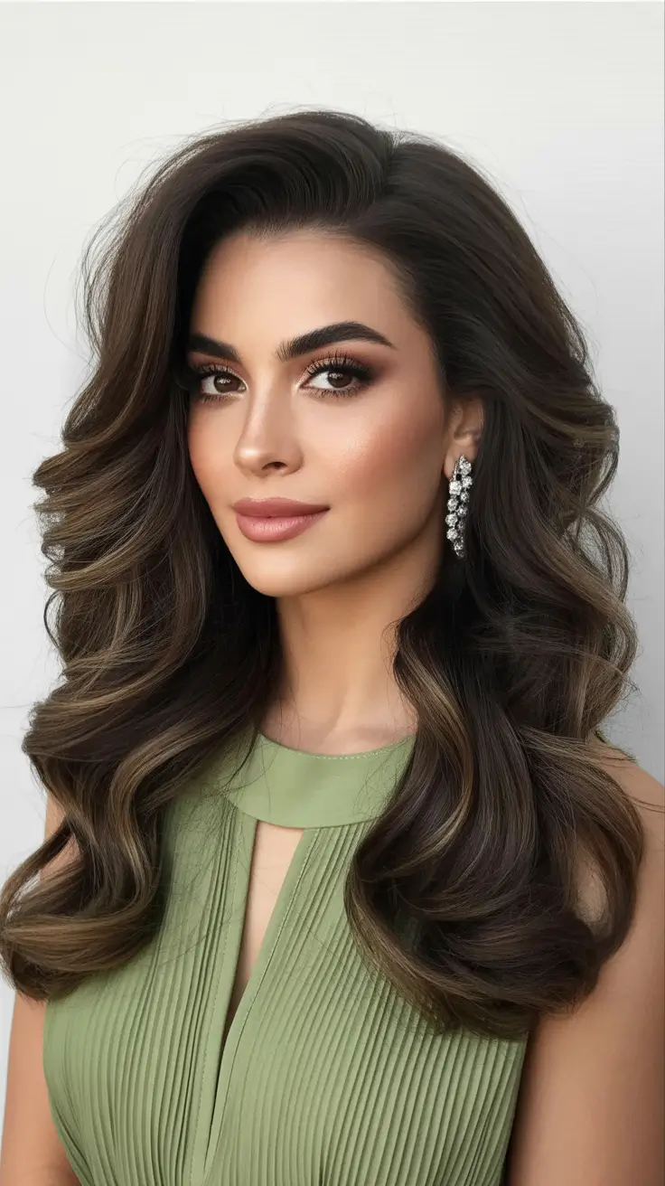 Elegant long hairstyles 2026 Voluminous Contoured Curls in Espresso Brunette