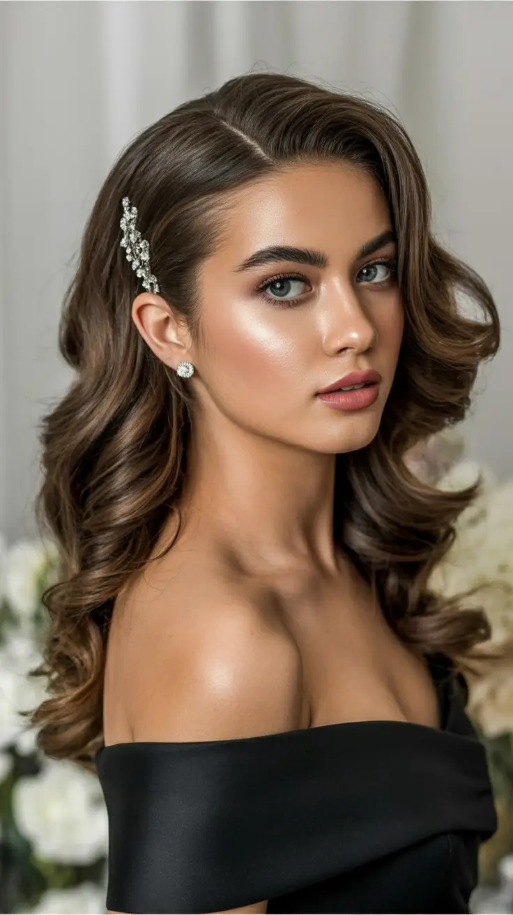 Elegant long hairstyles 2026 Side-Swept Glamour With Crystal Accessory