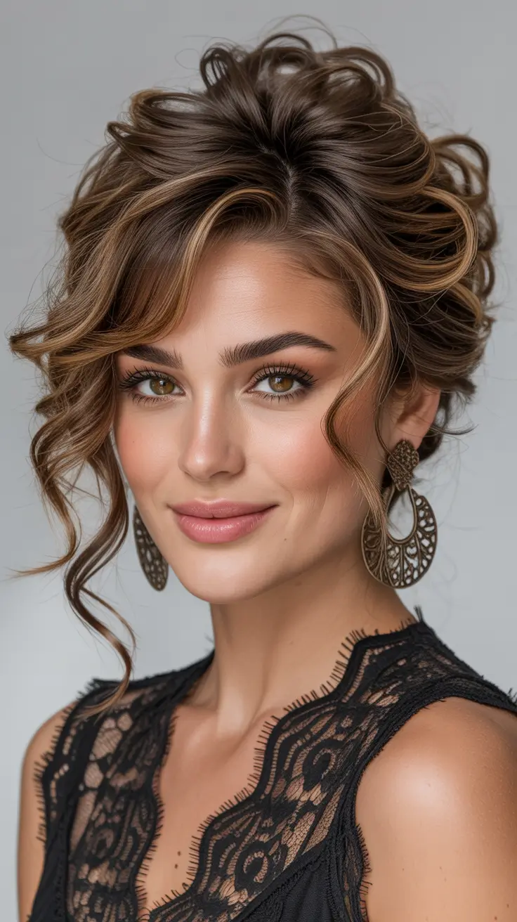 Elegant long hairstyles 2026 Soft Updo With Tousled Bangs and Golden Highlights