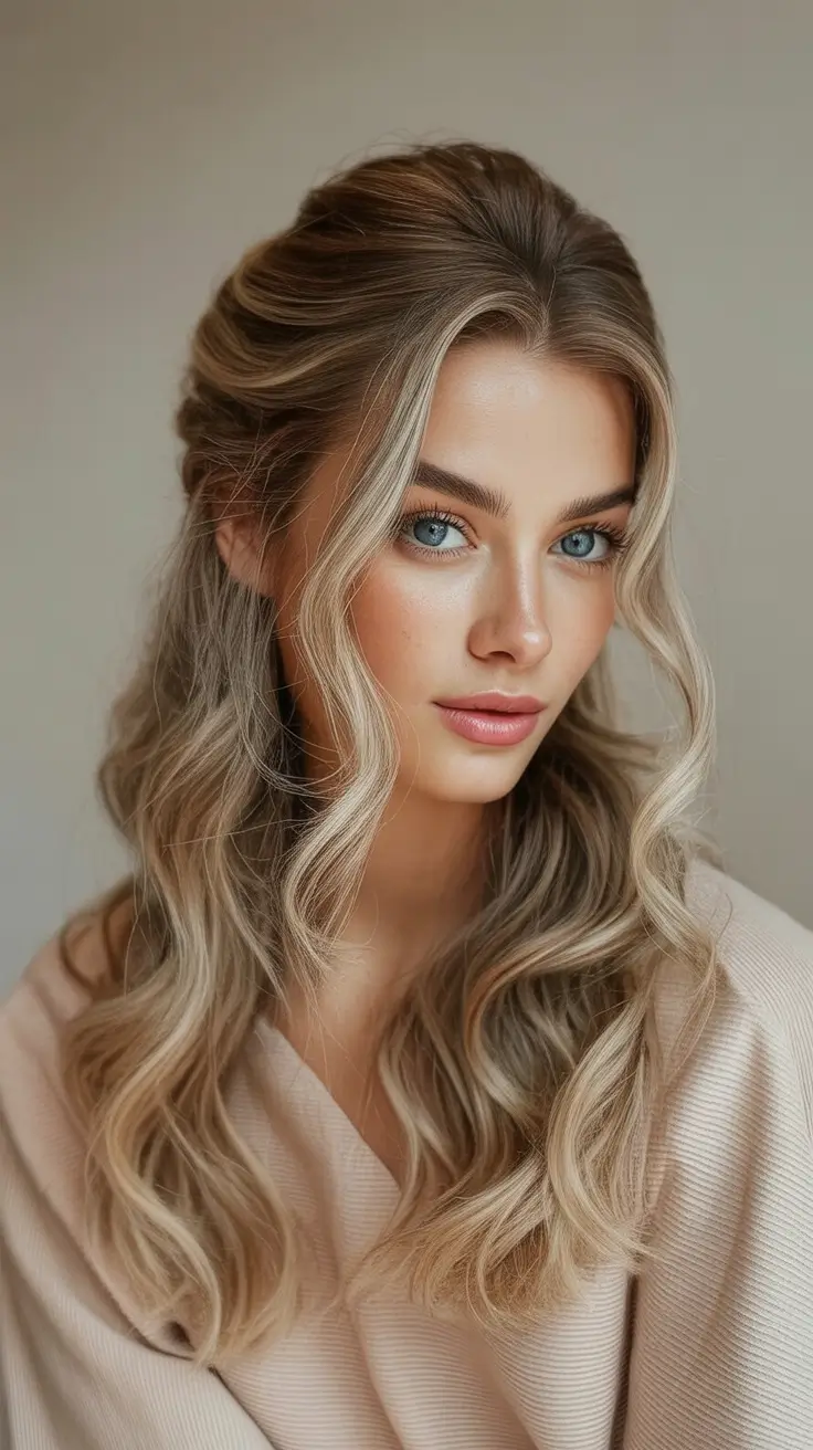 Elegant long hairstyles 2026 Gentle Half-Up Style With Soft Vanilla Waves