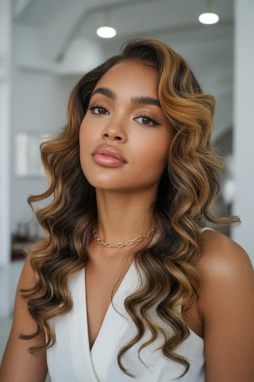 Elegant long hairstyles 2026 Golden-Brown Waterfall Waves