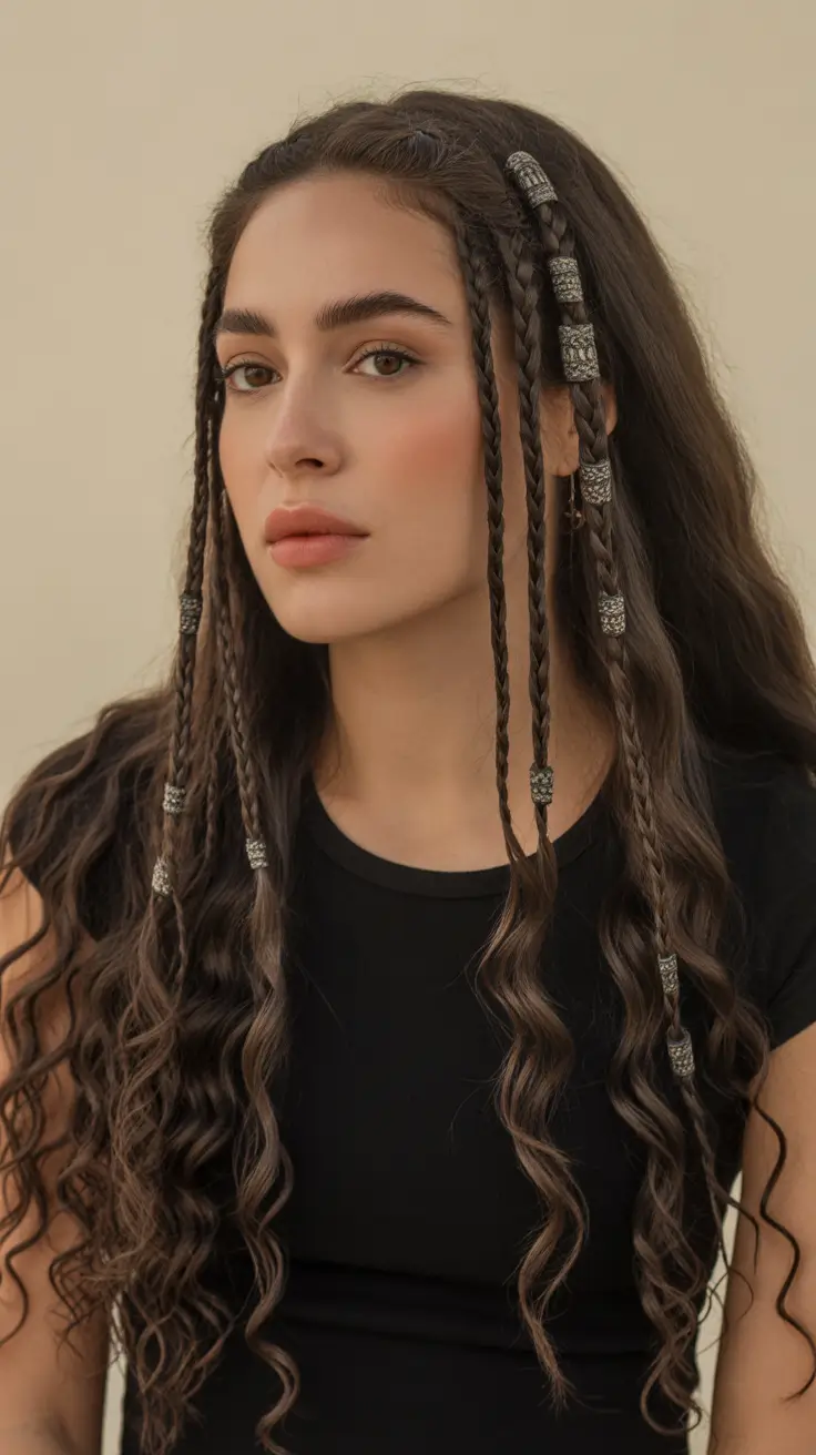 Elegant long hairstyles 2026 Micro-Braids With Metallic Accents