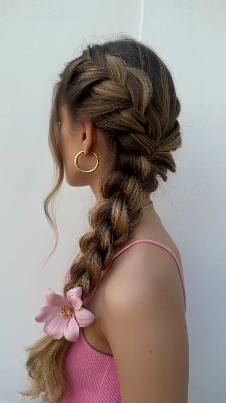 Elegant long hairstyles 2026 Loose Side Braid With Floral Accent