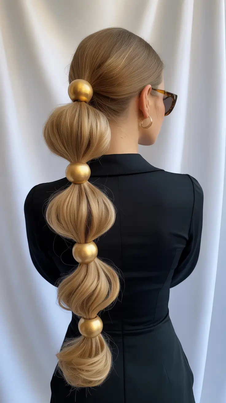 Elegant long hairstyles 2026 Sculpted Bubble Ponytail With Gold Accents