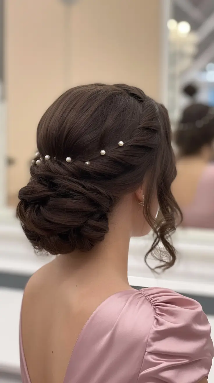 Elegant long hairstyles 2026 Twisted Low Bun With Pearl Details