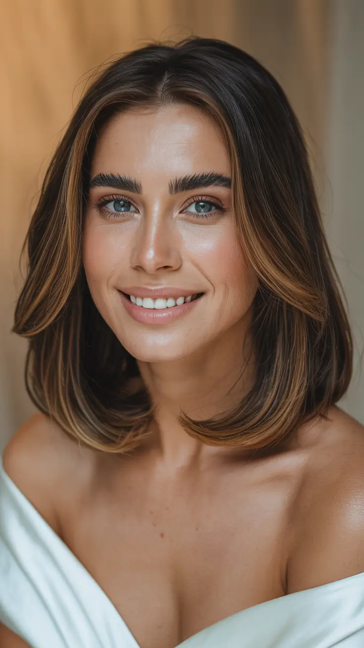 straight hairstyles caramel mid length bob