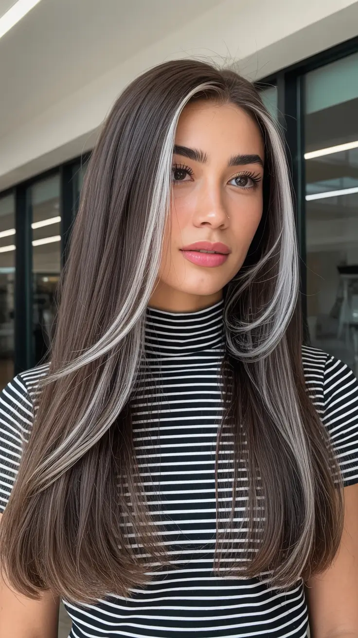 straight hairstyles silver money piece highlights