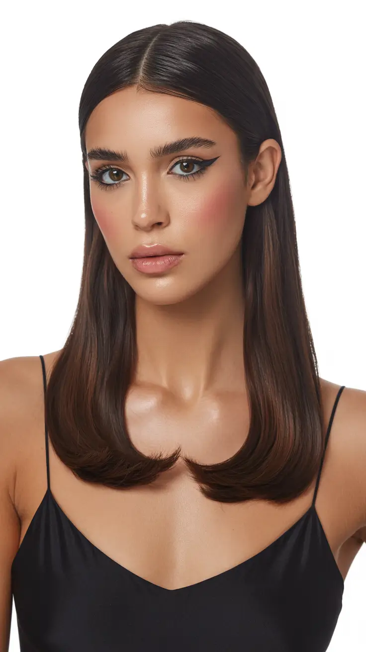 straight hairstyles glossy mid length flip in ends