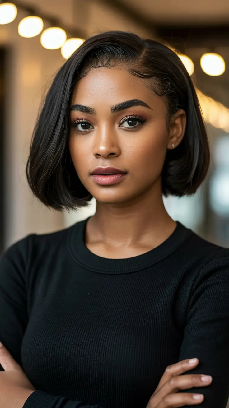 straight hairstyles deep side part bob