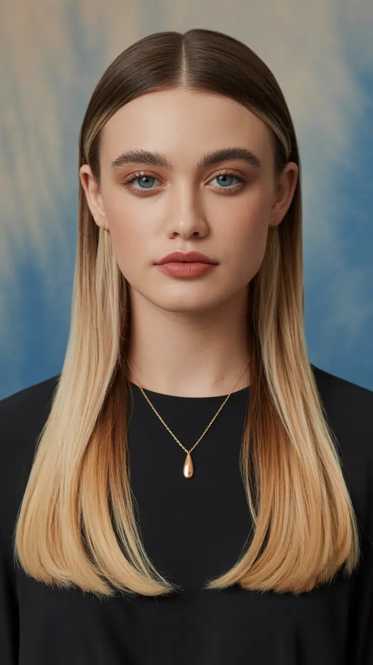 straight hairstyles sleek center part blonde ombre