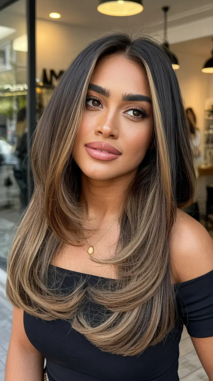 straight hairstyles money piece highlights sleek