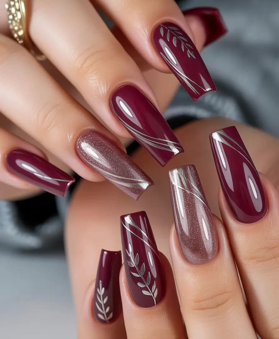gel nail art designs 2026 Burgundy Metallic Nails