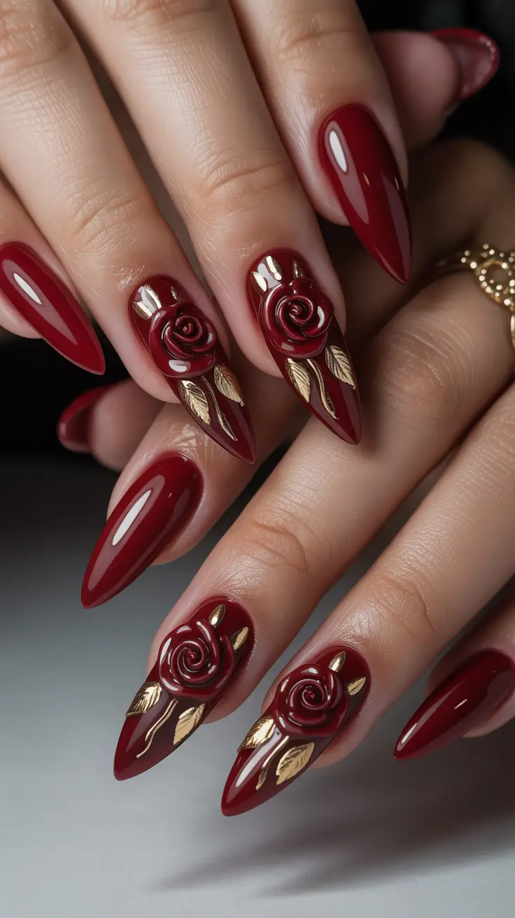 gel nail art designs 2026 Red 3d Floral Art