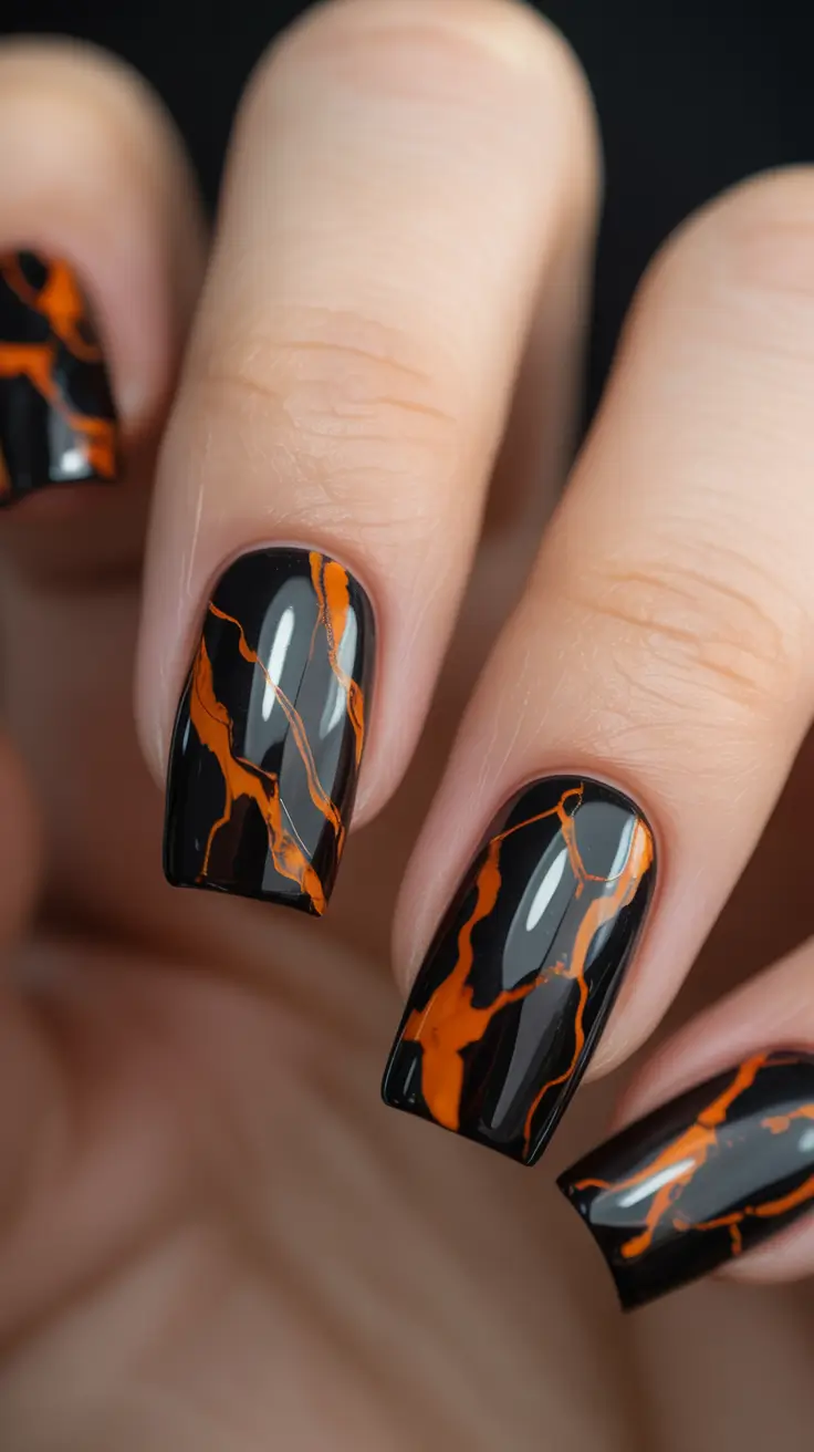 gel nail art designs 2026 Black Orange Marble Art