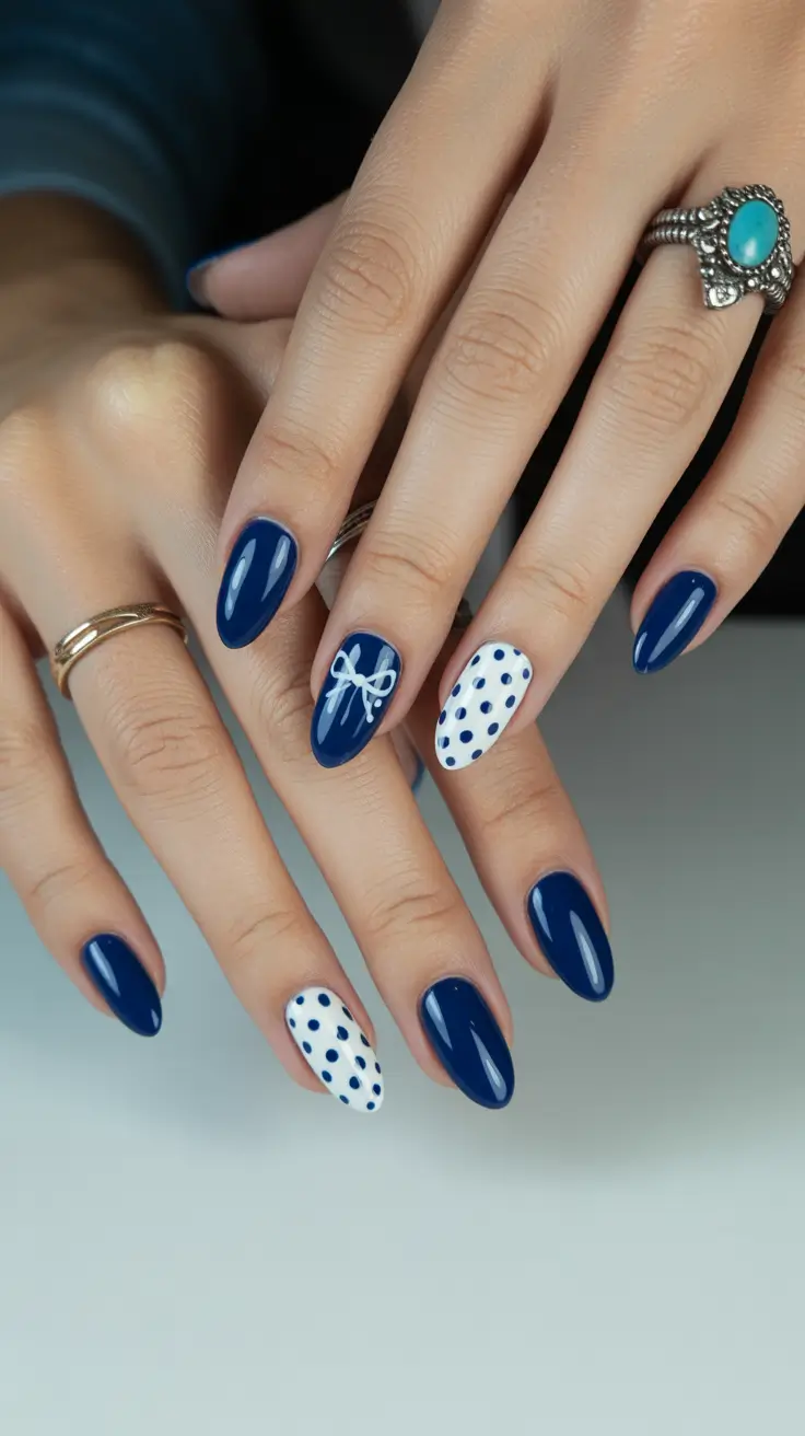 gel nail art designs 2026 Blue Polka Dot Bow