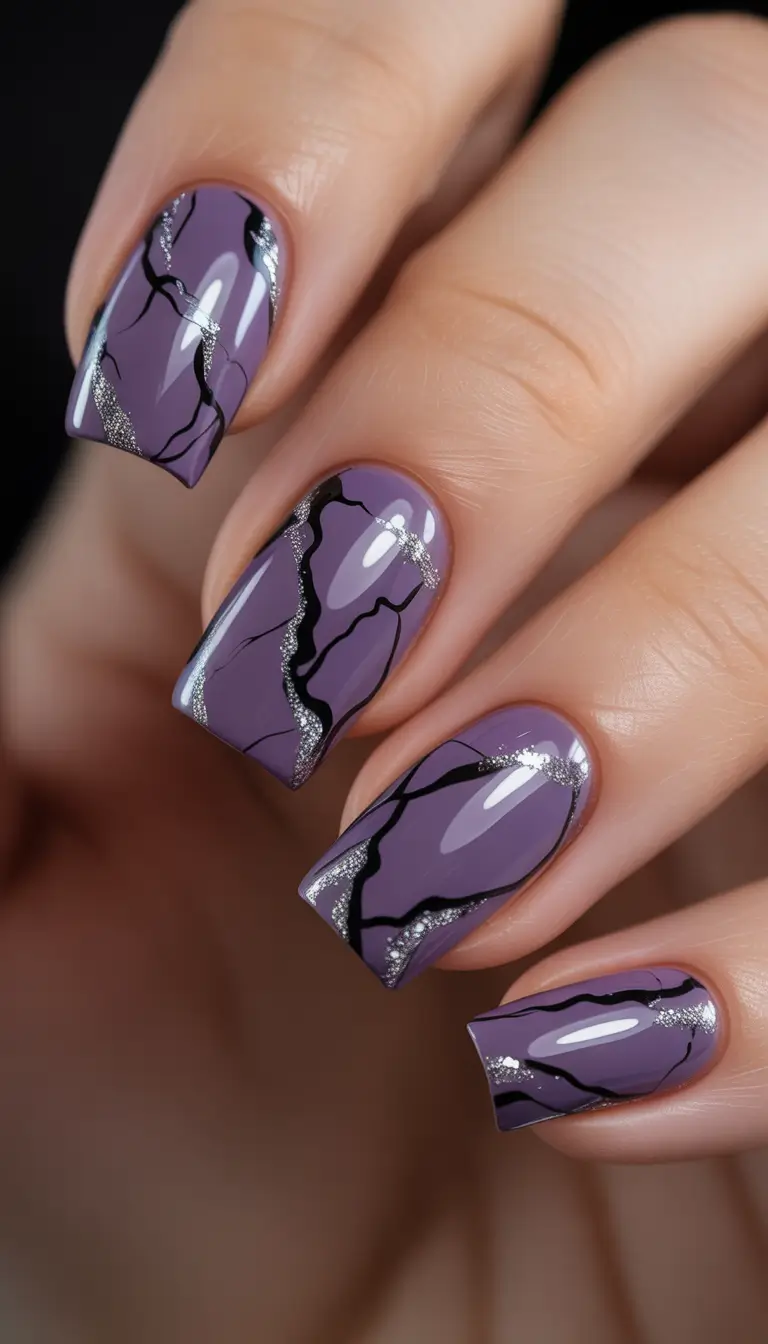 gel nail art designs 2026 Purple Metallic Veins