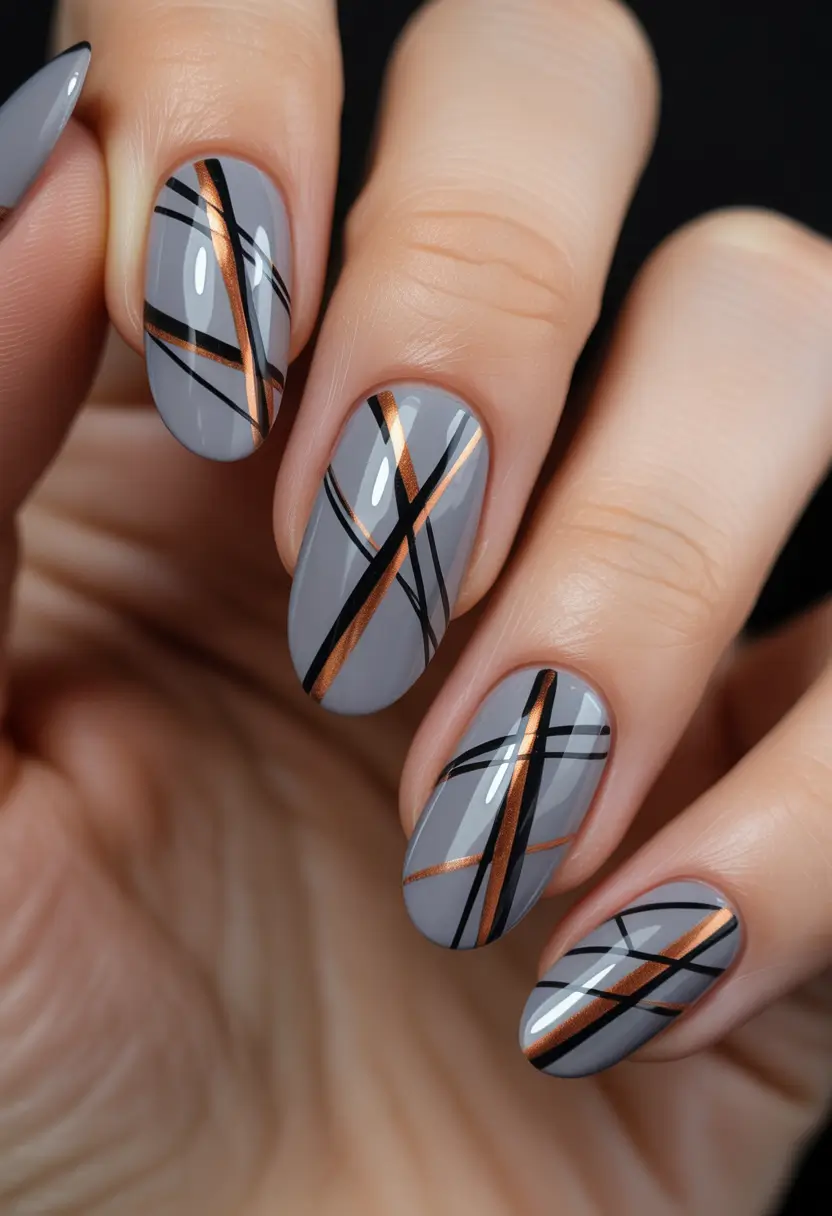 gel nail art designs 2026 Gray Black Copper Lines