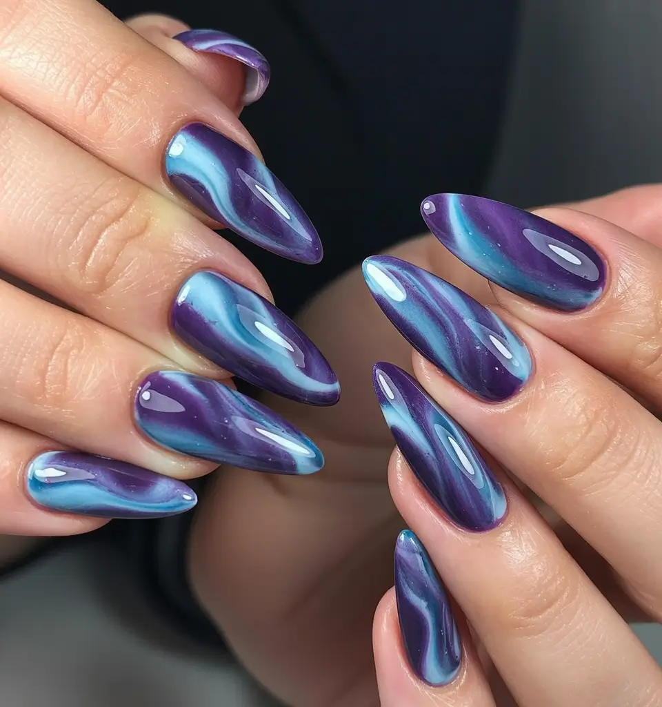 gel nail art designs 2026 Blue Purple Blooming