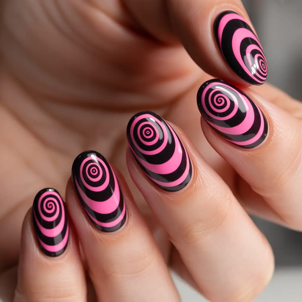 gel nail art designs 2026 Pink Black Spiral Art