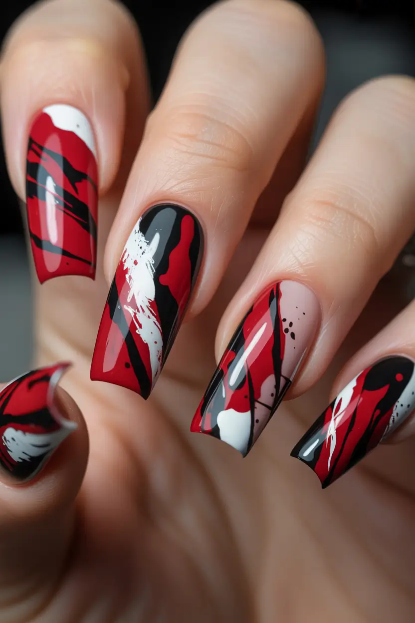 gel nail art designs 2026 Red Black Graphic Art