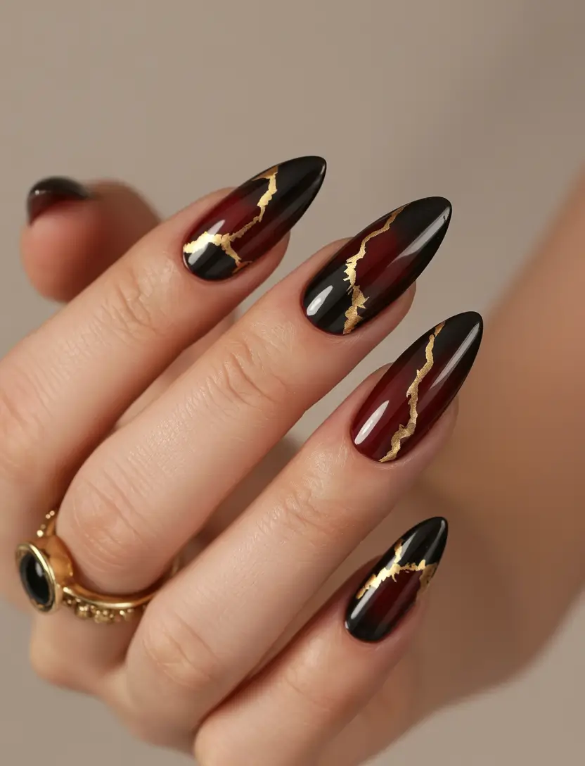 gel nail art designs 2026 Black Gold Almond Nails