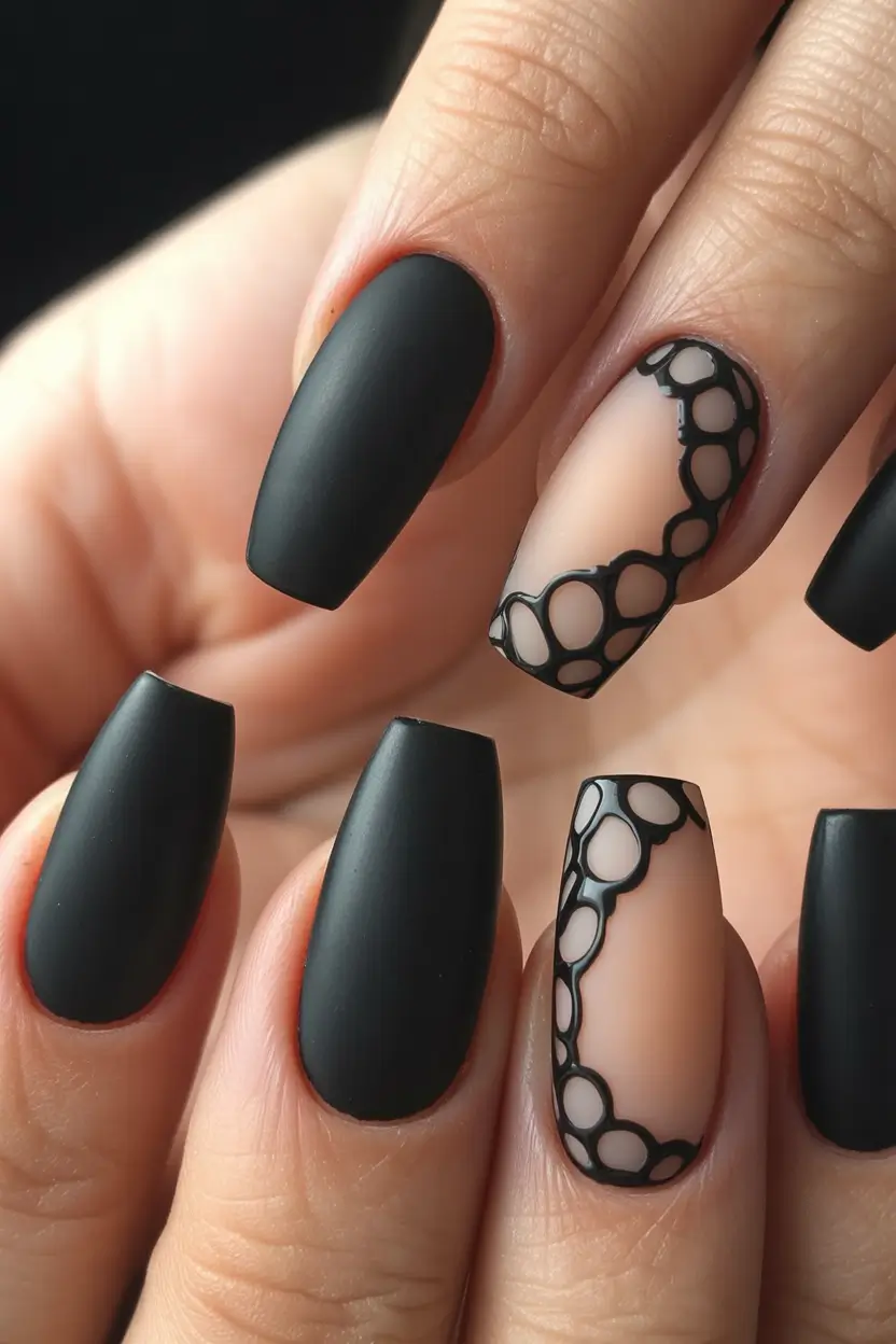 gel nail art designs 2026 Matte Black Transparent Design