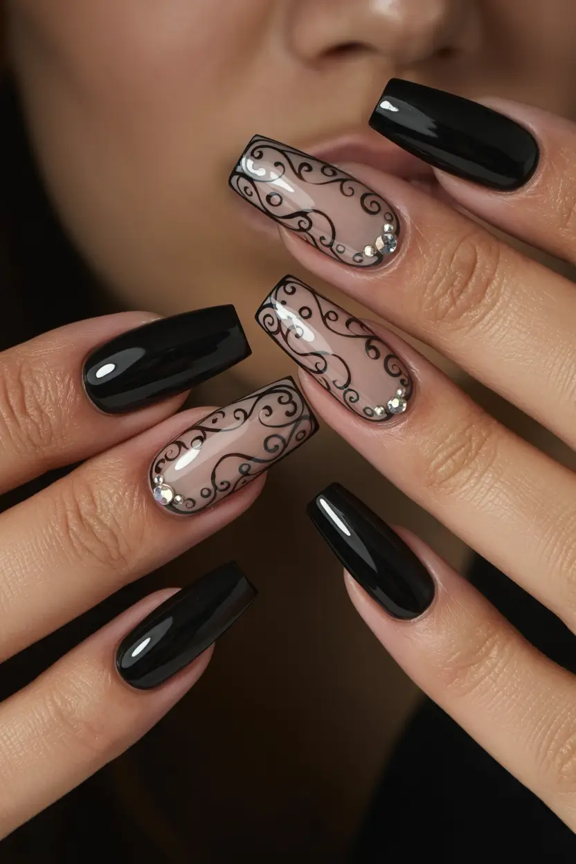 gel nail art designs 2026 Black Lace Art