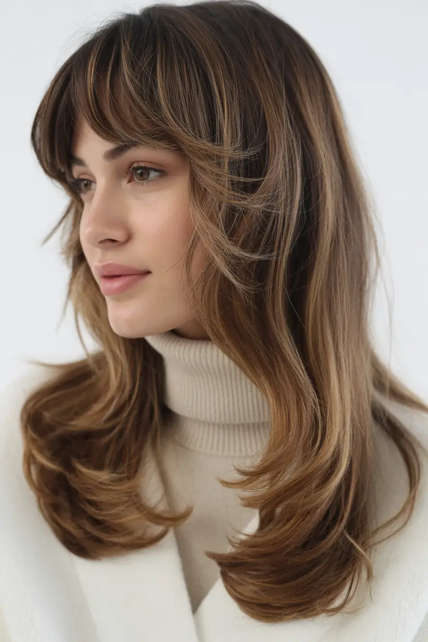 Layered haircut ideas 2026 Soft Curtain Fringe with Layers