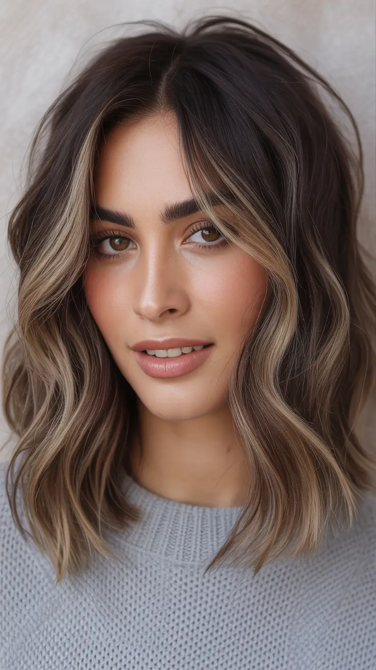 Lob haircut inspiration 2026 Caramel Blended Waves With Depth